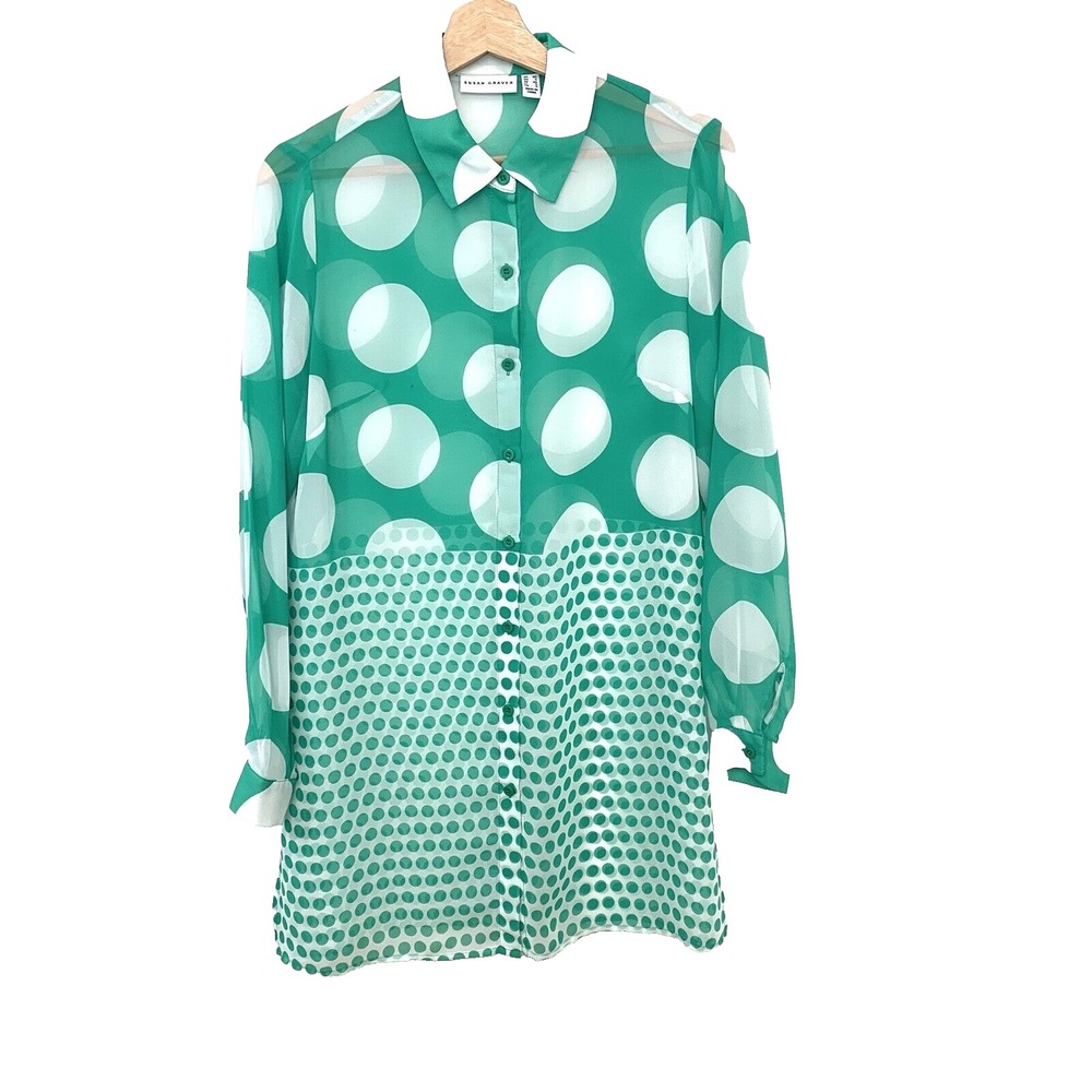 Susan Graver Kelly Green Polka Dot Semi Sheer‎ Button Up Blouse  Woman XS Tunic